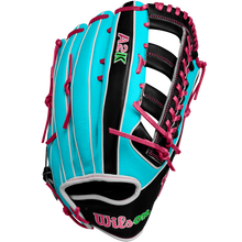 The Wilson A2K 1810SS 12.75" Baseball Glove (Winter 2024: WBW1026881275) features a turquoise and black design with pink laces, white piping, Pro Stock Select leather, and embroidered logos, shown on a white background.