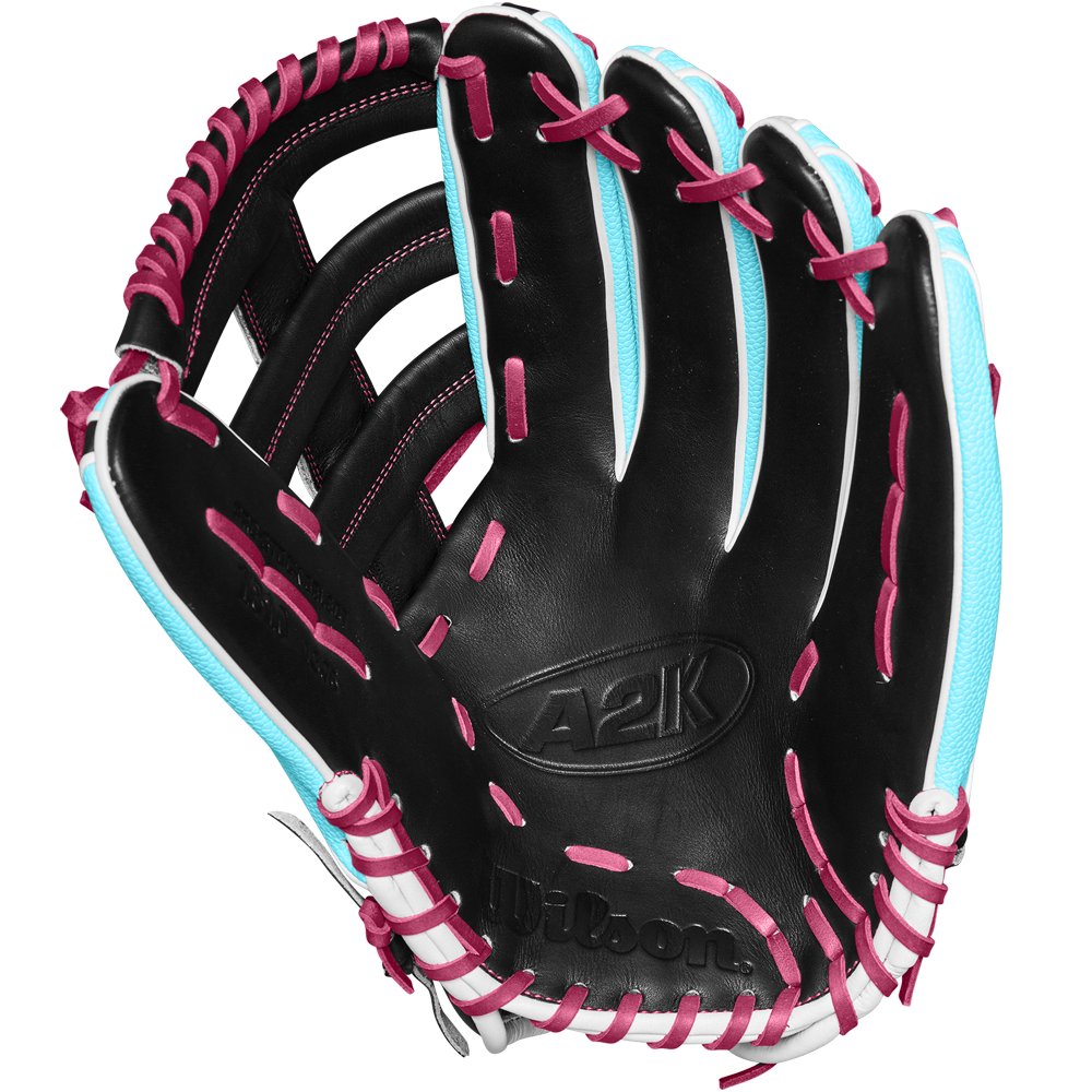 The Wilson A2K 1810SS 12.75" Baseball Glove (Winter 2024) features pink laces and is crafted from Pro Stock Select leather for premium durability and feel.