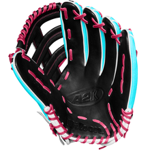 The Wilson A2K 1810SS 12.75" Baseball Glove (Winter 2024) features pink laces and is crafted from Pro Stock Select leather for premium durability and feel.