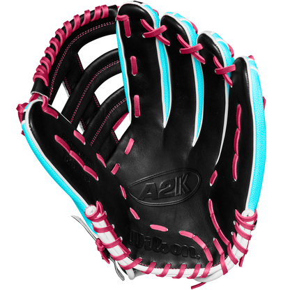 The Wilson A2K 1810SS 12.75" Baseball Glove (Winter 2024) features pink laces and is crafted from Pro Stock Select leather for premium durability and feel.