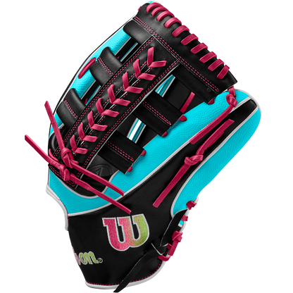 The Wilson A2K 1810SS 12.75" Baseball Glove (WBW1026881275) features black, turquoise, and white Pro Stock Select leather with bright pink laces and a yellow-pink Wilson logo, shown on a plain white background.