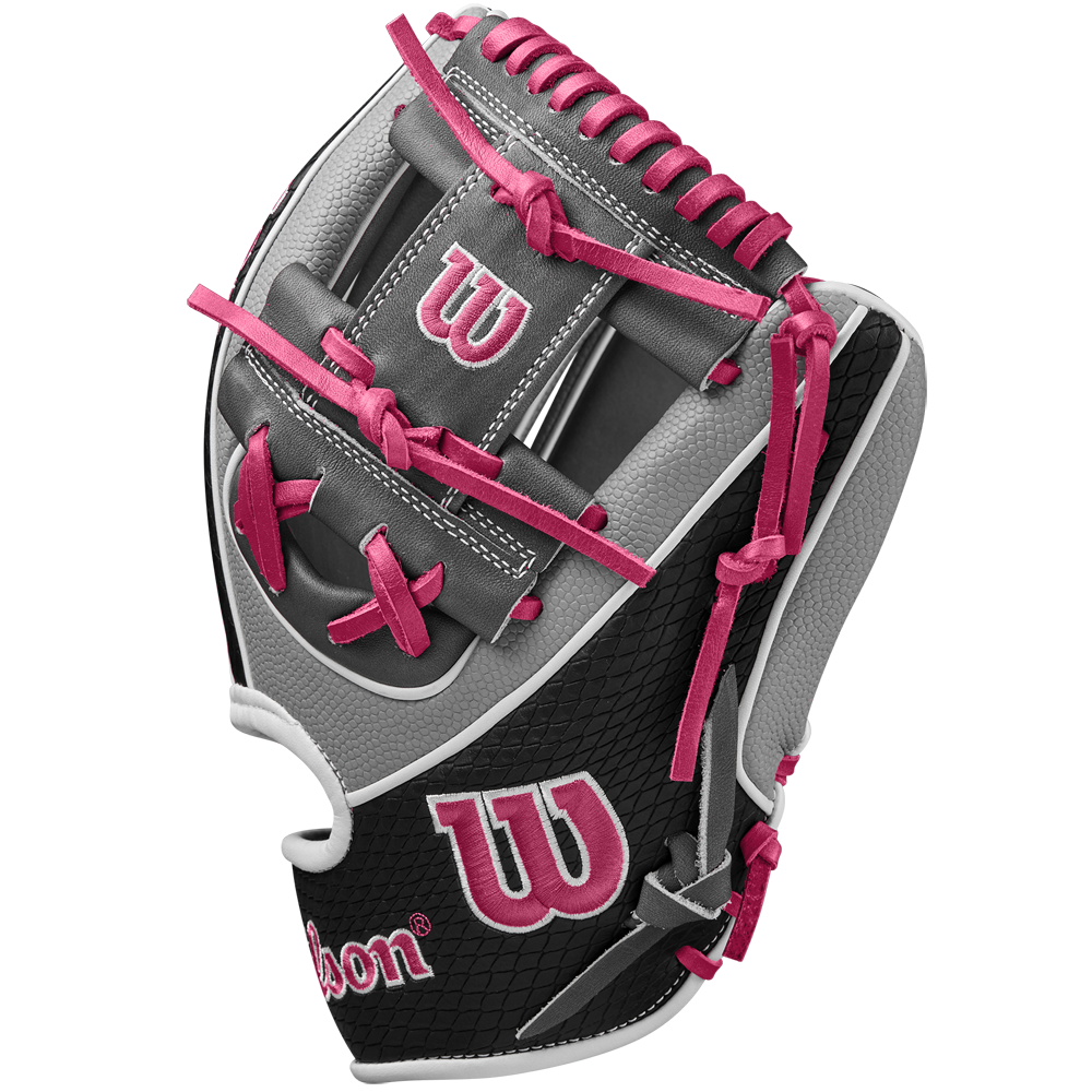 The Wilson A2K 1786SS 11.5" Baseball Glove (SPRING 2025: WBW102690115) features gray and black Pro Stock Select leather, pink laces, SuperSkin accents, and is displayed on a white background.