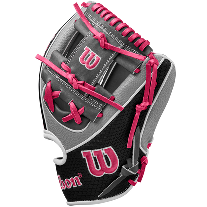 The Wilson A2K 1786SS 11.5" Baseball Glove (SPRING 2025: WBW102690115) features gray and black Pro Stock Select leather, pink laces, SuperSkin accents, and is displayed on a white background.