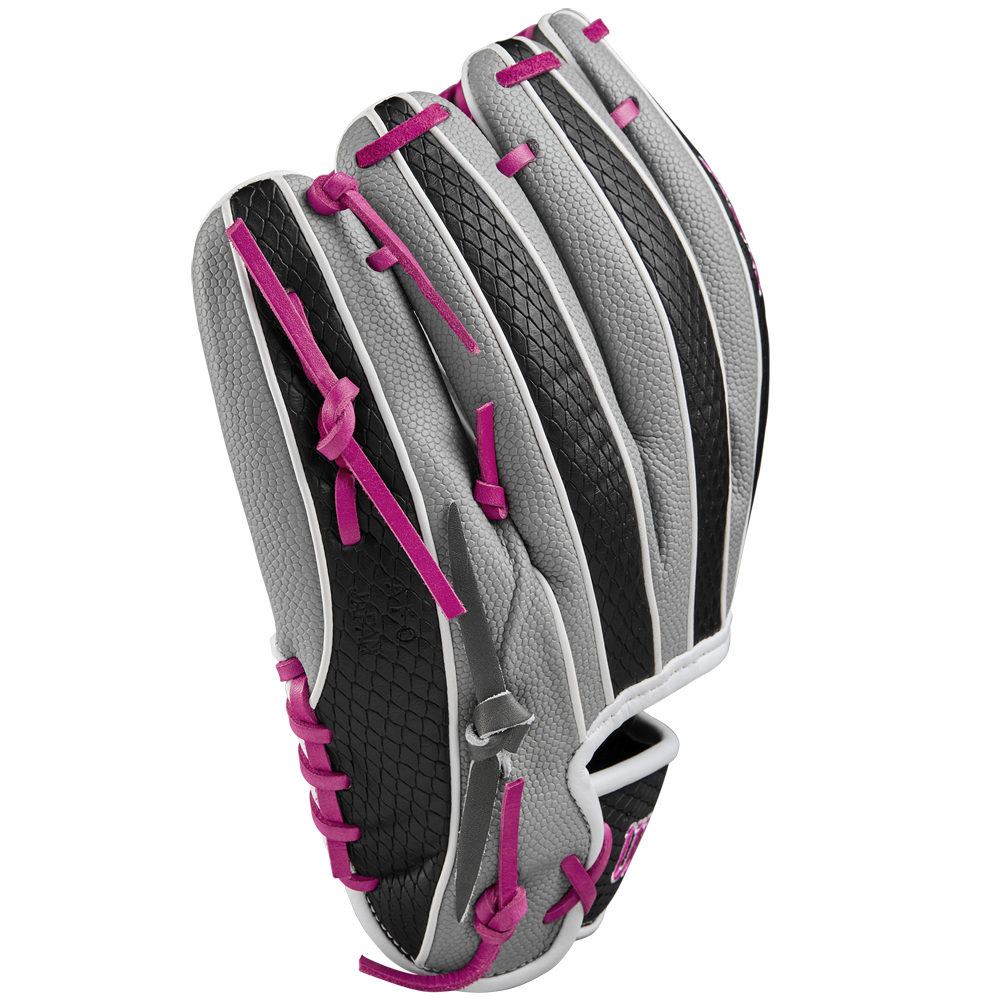 The Wilson A2K 1786SS 11.5" Baseball Glove, SPRING 2025 model, features a gray and black design with pink laces and white trim, crafted from Pro Stock Select leather by Wilson, shown from the back on a white background.