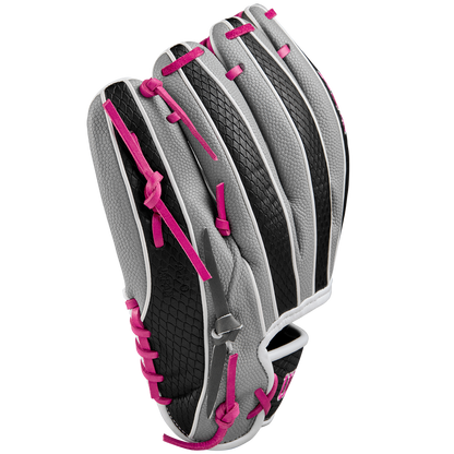 The Wilson A2K 1786SS 11.5" Baseball Glove, SPRING 2025 model, features a gray and black design with pink laces and white trim, crafted from Pro Stock Select leather by Wilson, shown from the back on a white background.