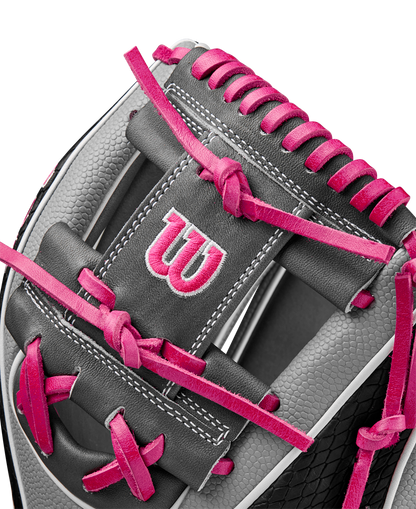 A close-up of the Wilson A2K 1786SS 11.5" Baseball Glove, featuring Pro Stock Select leather and SuperSkin detailing.