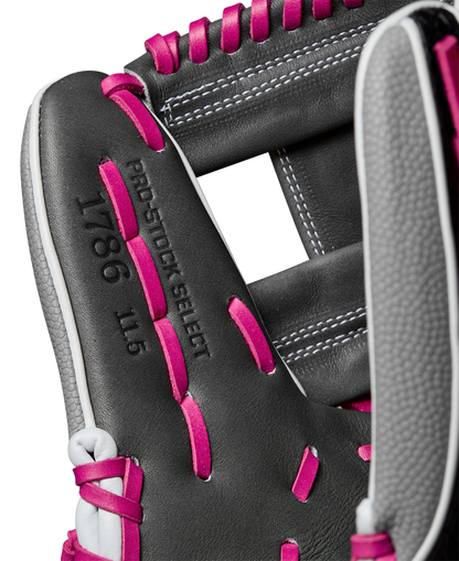 A close-up of the Wilson A2K 1786SS 11.5" Baseball Glove, crafted from Pro Stock Select leather.