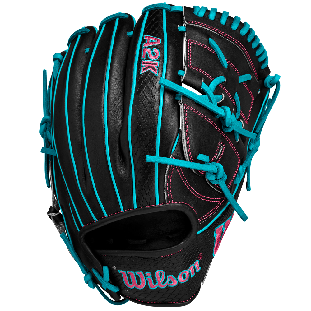 The Wilson A2K B2 12" Baseball Glove SPRING 2025 features black Pro Stock Select leather, teal blue laces and stitching, pink accents, a Closed 2-Piece Web, and textured palm patterns for premium performance.