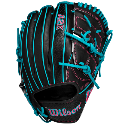 The Wilson A2K B2 12" Baseball Glove SPRING 2025 features black Pro Stock Select leather, teal blue laces and stitching, pink accents, a Closed 2-Piece Web, and textured palm patterns for premium performance.