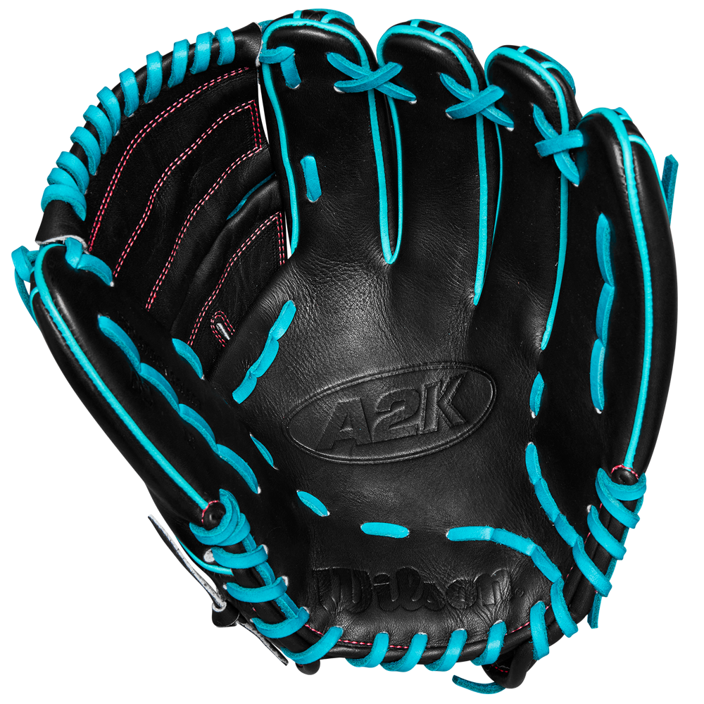 The Wilson A2K B2 12" Baseball Glove (SPRING 2025: WBW10269212) features black Pro Stock Select leather, bright teal laces, red stitching, embossed A2K and Wilson logos, and a Closed 2-Piece Web on a plain white background.