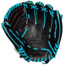 The Wilson A2K B2 12" Baseball Glove (SPRING 2025: WBW10269212) features black Pro Stock Select leather, bright teal laces, red stitching, embossed A2K and Wilson logos, and a Closed 2-Piece Web on a plain white background.