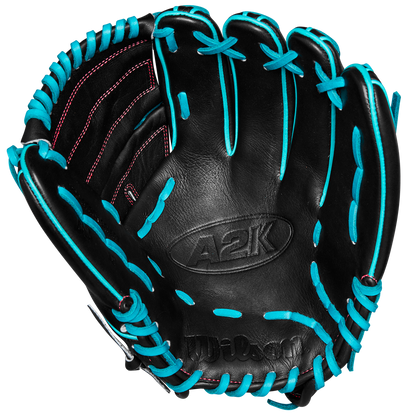 The Wilson A2K B2 12" Baseball Glove (SPRING 2025: WBW10269212) features black Pro Stock Select leather, bright teal laces, red stitching, embossed A2K and Wilson logos, and a Closed 2-Piece Web on a plain white background.