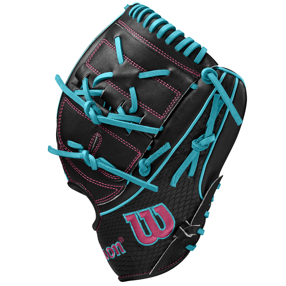 The Wilson A2K B2 12" Baseball Glove (SPRING 2025: WBW10269212) is black with Pro Stock Select leather, bright teal laces, pink stitching, a Closed 2-Piece Web, and a pink Wilson “W” logo on the wrist, shown on a white background.