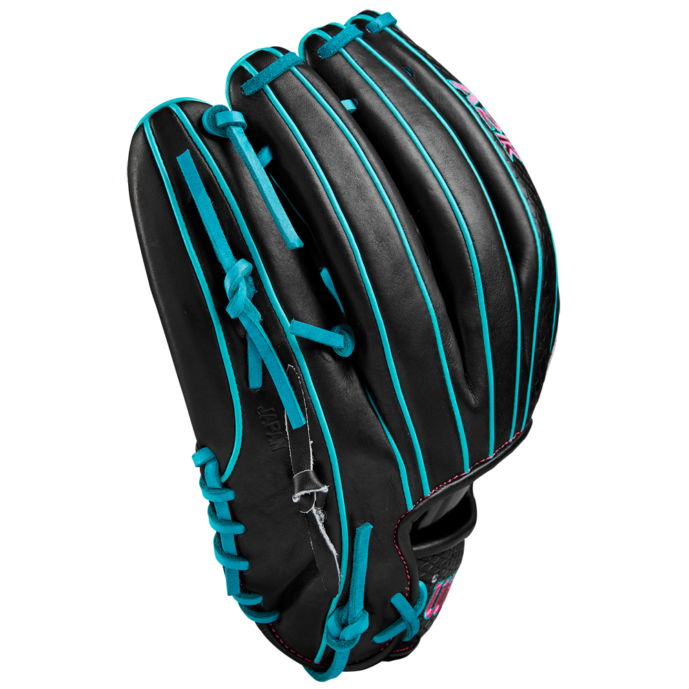 The Wilson A2K B2 12" Baseball Glove (SPRING 2025) features black Pro Stock Select leather with bright blue laces, trim, and a Closed 2-Piece Web, displayed against a white background.