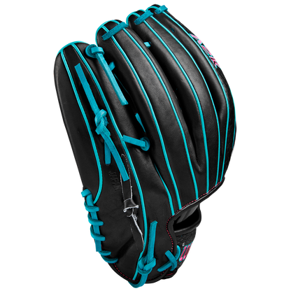 The Wilson A2K B2 12" Baseball Glove (SPRING 2025) features black Pro Stock Select leather with bright blue laces, trim, and a Closed 2-Piece Web, displayed against a white background.
