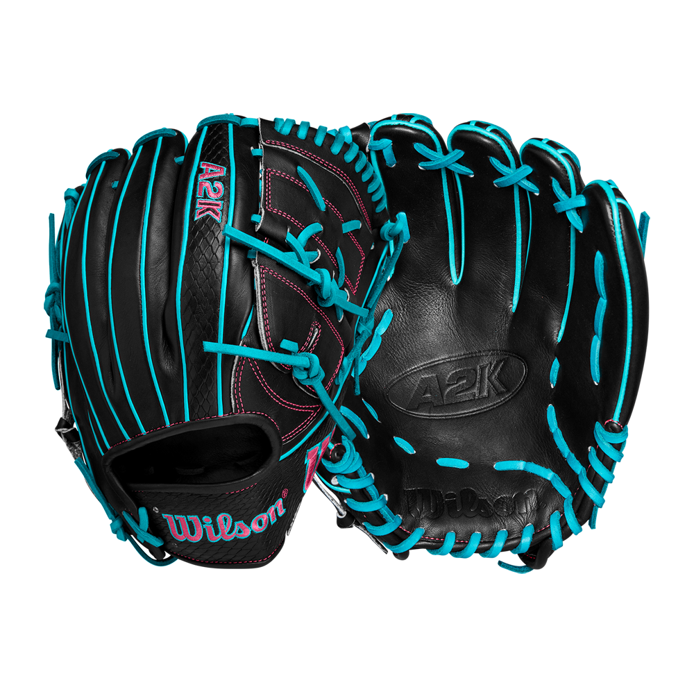 Two black Wilson A2K B2 12" baseball gloves (SPRING 2025: WBW10269212) crafted from Pro Stock Select leather, featuring bright blue laces, pink stitching, Closed 2-Piece Webs, and visible logos are displayed on a plain white background.