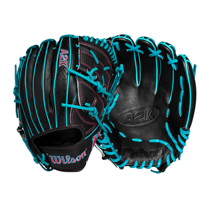 Two black Wilson A2K B2 12" baseball gloves (SPRING 2025: WBW10269212) crafted from Pro Stock Select leather, featuring bright blue laces, pink stitching, Closed 2-Piece Webs, and visible logos are displayed on a plain white background.