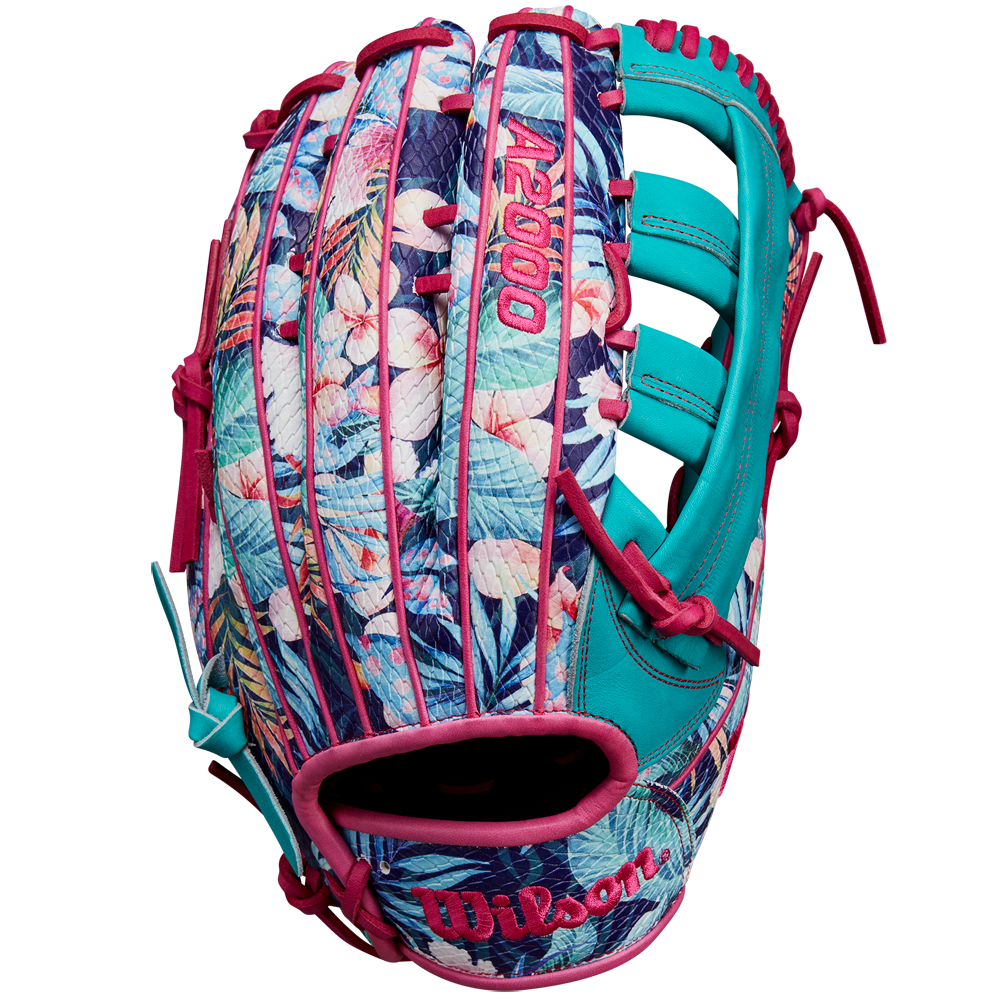 The Wilson A2000 RA56 12.75" Randy Arozarena GM Baseball Glove features a tropical floral design in pink, blue, and teal with SuperSnakeSkin, pink laces, and accents, inspired by Randy Arozarena.