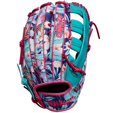 The Wilson A2000 RA56 12.75" Randy Arozarena GM Baseball Glove features a tropical floral design in pink, blue, and teal with SuperSnakeSkin, pink laces, and accents, inspired by Randy Arozarena.