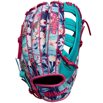 The Wilson A2000 RA56 12.75" Randy Arozarena GM Baseball Glove features a tropical floral design in pink, blue, and teal with SuperSnakeSkin, pink laces, and accents, inspired by Randy Arozarena.