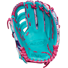 A turquoise Wilson A2000 RA56 12.75" Randy Arozarena GM Baseball Glove (SPRING 2025: WBW1026941275) with pink lacing and SuperSnakeSkin accents, shown palm up to highlight interior details and Wilson branding.
