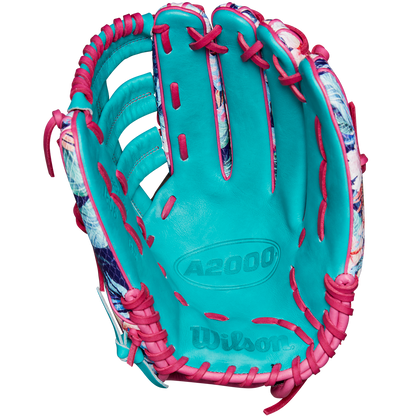 A turquoise Wilson A2000 RA56 12.75" Randy Arozarena GM Baseball Glove (SPRING 2025: WBW1026941275) with pink lacing and SuperSnakeSkin accents, shown palm up to highlight interior details and Wilson branding.