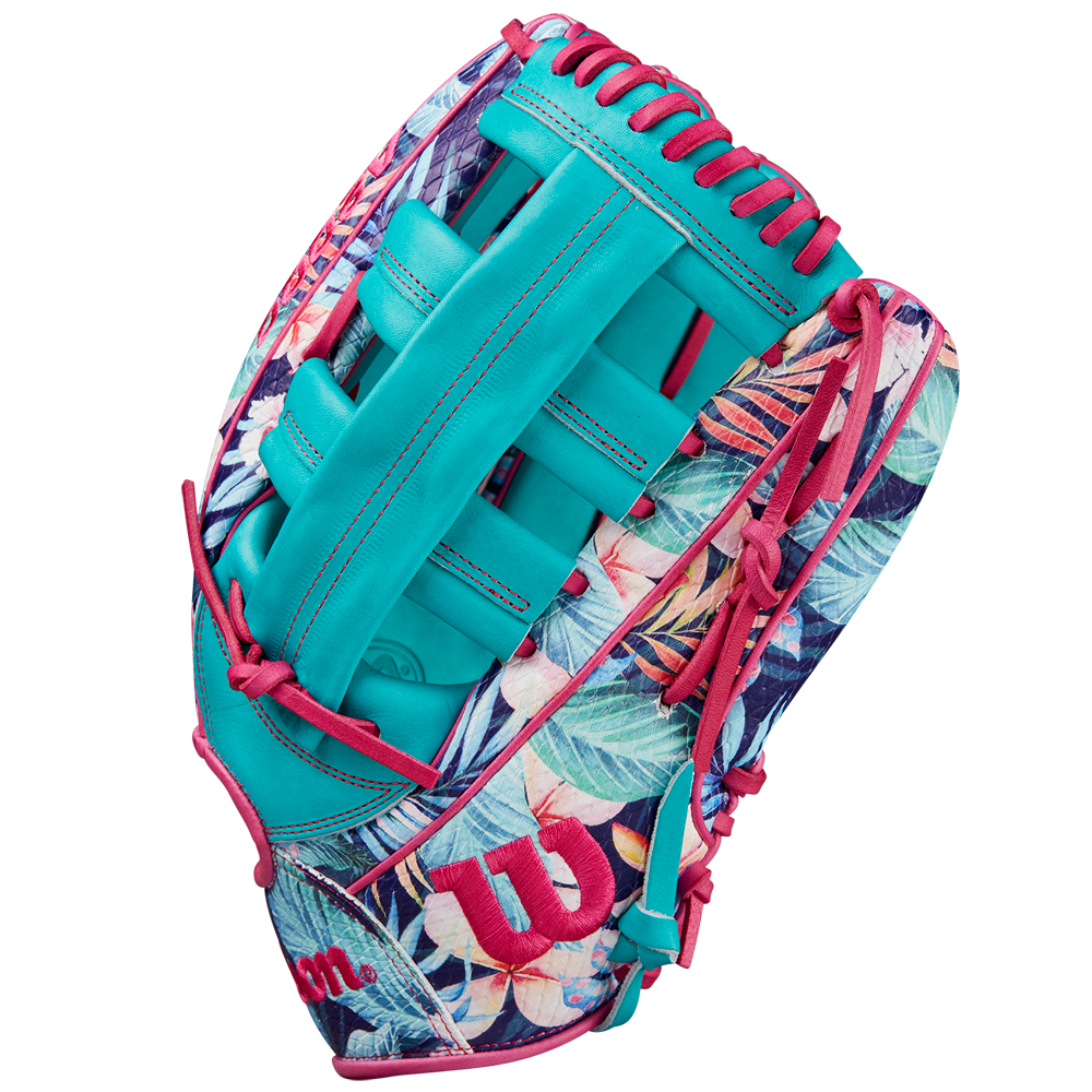 The Wilson A2000 RA56 12.75" Randy Arozarena GM Baseball Glove features a teal and pink floral design, SuperSnakeSkin construction, pink stitching, and the signature red Wilson W logo on the side.