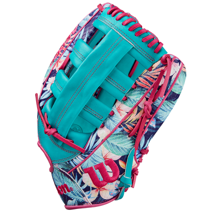 The Wilson A2000 RA56 12.75" Randy Arozarena GM Baseball Glove features a teal and pink floral design, SuperSnakeSkin construction, pink stitching, and the signature red Wilson W logo on the side.