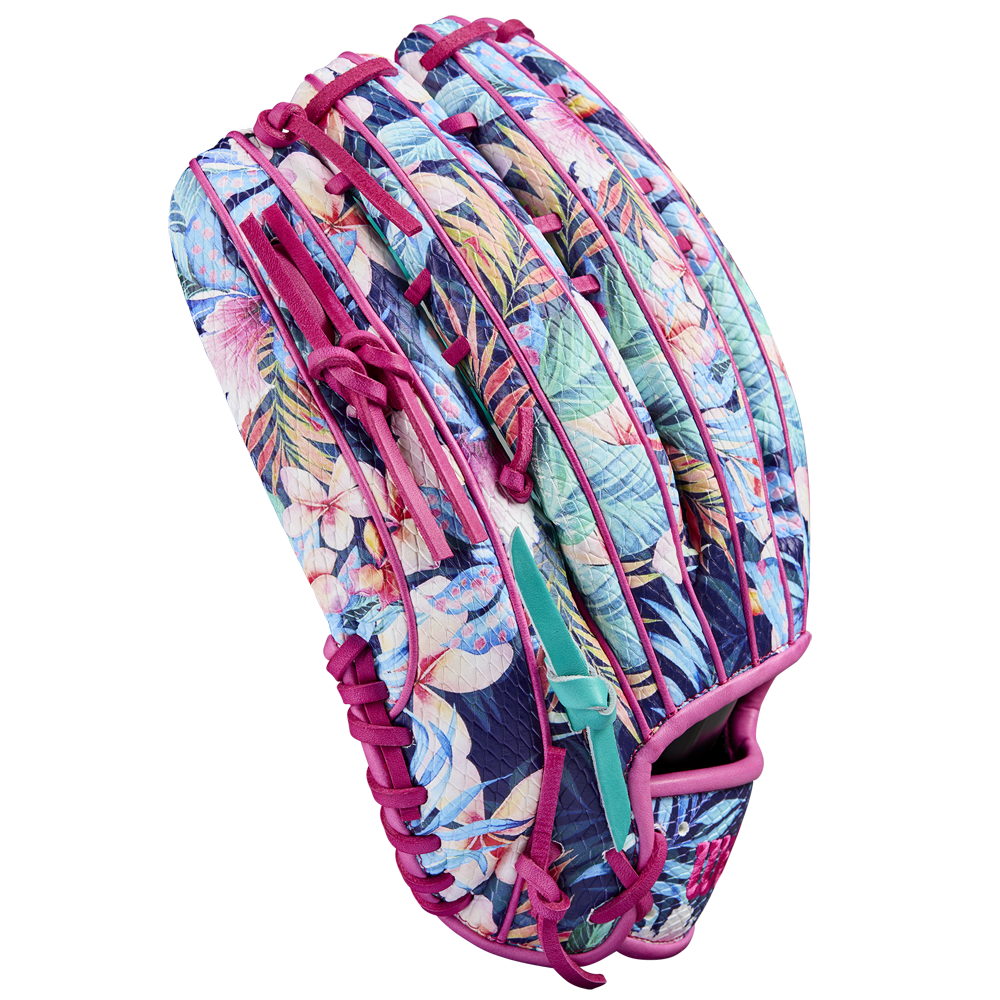 The Wilson A2000 RA56 12.75" Randy Arozarena GM Baseball Glove (SPRING 2025: WBW1026941275) features a vibrant tropical floral pattern with pink laces, shown on a plain light background.