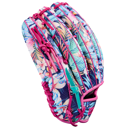 The Wilson A2000 RA56 12.75" Randy Arozarena GM Baseball Glove (SPRING 2025: WBW1026941275) features a vibrant tropical floral pattern with pink laces, shown on a plain light background.