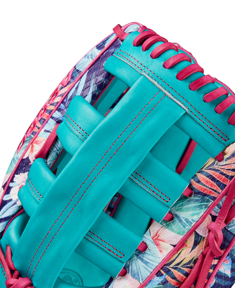 Close-up of the Wilson A2000 RA56 12.75" Randy Arozarena GM glove, featuring turquoise leather, red stitching, blue-pink-purple floral accents, and SuperSnakeSkin, inspired by Arozarena’s style.