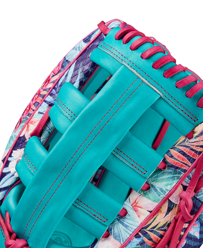 Close-up of the Wilson A2000 RA56 12.75" Randy Arozarena GM glove, featuring turquoise leather, red stitching, blue-pink-purple floral accents, and SuperSnakeSkin, inspired by Arozarena’s style.