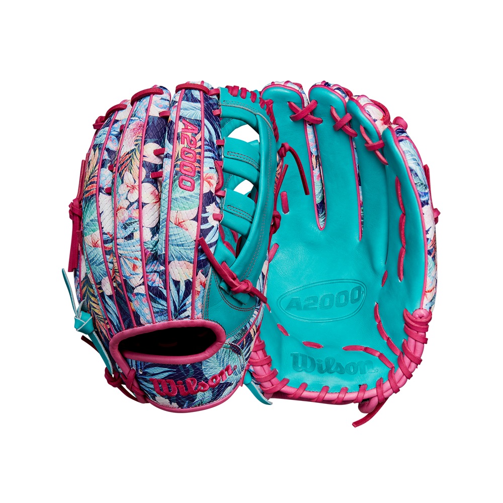 Two vibrant Wilson A2000 RA56 12.75" Randy Arozarena GM Baseball Gloves by Wilson, with a floral outside, teal interior, and pink laces, shown side by side—just like the SPRING 2025 model WBW1026941275 with SuperSnakeSkin technology.