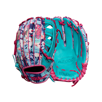Two vibrant Wilson A2000 RA56 12.75" Randy Arozarena GM Baseball Gloves by Wilson, with a floral outside, teal interior, and pink laces, shown side by side—just like the SPRING 2025 model WBW1026941275 with SuperSnakeSkin technology.