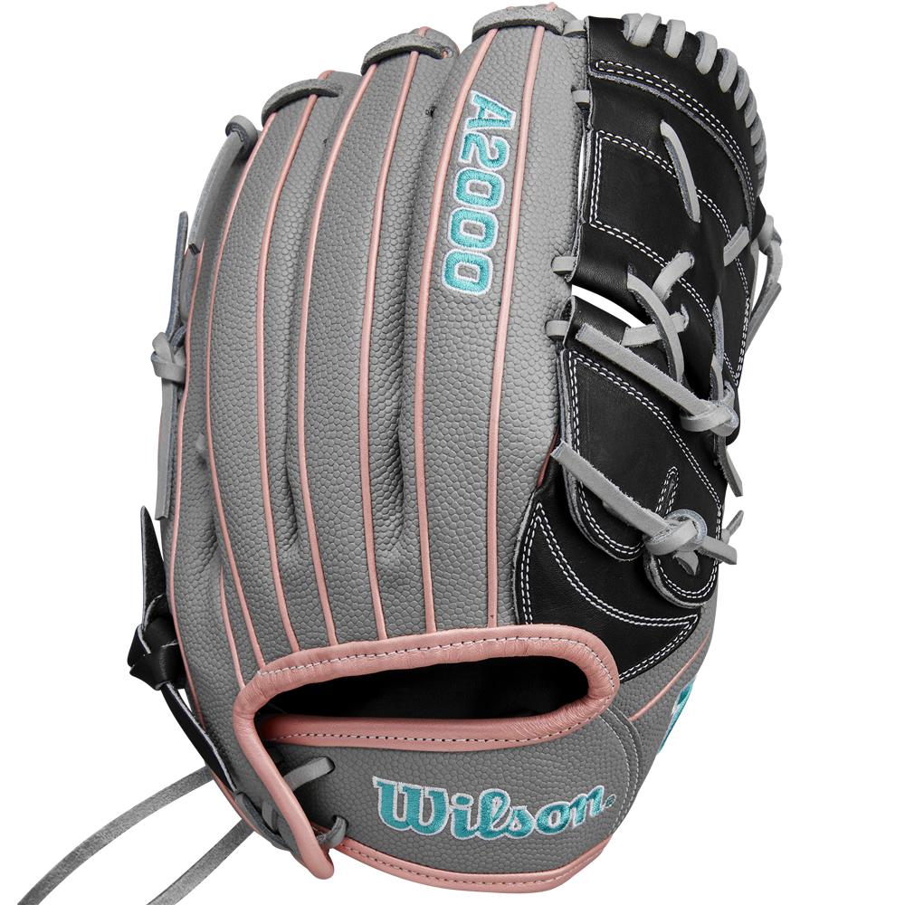 The Wilson A2000 MA14SS 12.25" Fastpitch Glove (WBW1027221225) features a gray design with black, light pink, and teal accents, teal Wilson and A2000 logos, pink trim, and is crafted from durable Pro Stock leather.