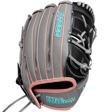 The Wilson A2000 MA14SS 12.25" Fastpitch Glove (WBW1027221225) features a gray design with black, light pink, and teal accents, teal Wilson and A2000 logos, pink trim, and is crafted from durable Pro Stock leather.