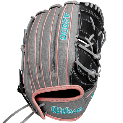 The Wilson A2000 MA14SS 12.25" Fastpitch Glove (WBW1027221225) features a gray design with black, light pink, and teal accents, teal Wilson and A2000 logos, pink trim, and is crafted from durable Pro Stock leather.