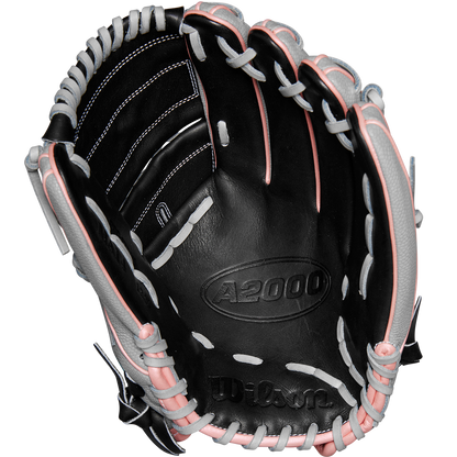 The Wilson A2000 MA14SS 12.25" Fastpitch Glove (WBW1027221225) features a black design with white and pink laces, crafted from Pro Stock leather and inspired by the Monica Abbott glove, shown open with visible palm and webbing.