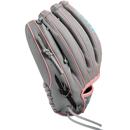The Wilson A2000 MA14SS 12.25" Fastpitch Glove features gray Pro Stock leather with pink trim and stitching, a black strap, blue lettering, and is shown against a white background.