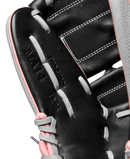 Close-up of the Wilson A2000 MA14SS 12.25" Fastpitch Glove by Wilson, featuring black Pro Stock leather, gray and pink laces, visible stitching, and embossed with MAYA, PRO-SOFT, and 12.25—Monica Abbott glove inspired.