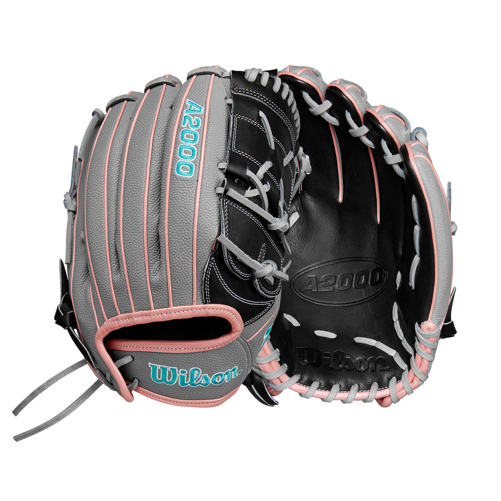 The Wilson A2000 MA14SS 12.25" Fastpitch Glove (WBW1027221225) by Wilson, shown in black, gray, light pink, and teal Pro Stock leather, is displayed front and back on a plain white background.