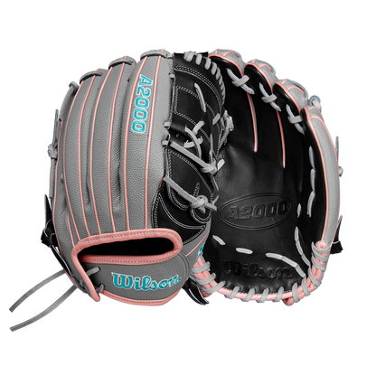 The Wilson A2000 MA14SS 12.25" Fastpitch Glove (WBW1027221225) by Wilson, shown in black, gray, light pink, and teal Pro Stock leather, is displayed front and back on a plain white background.