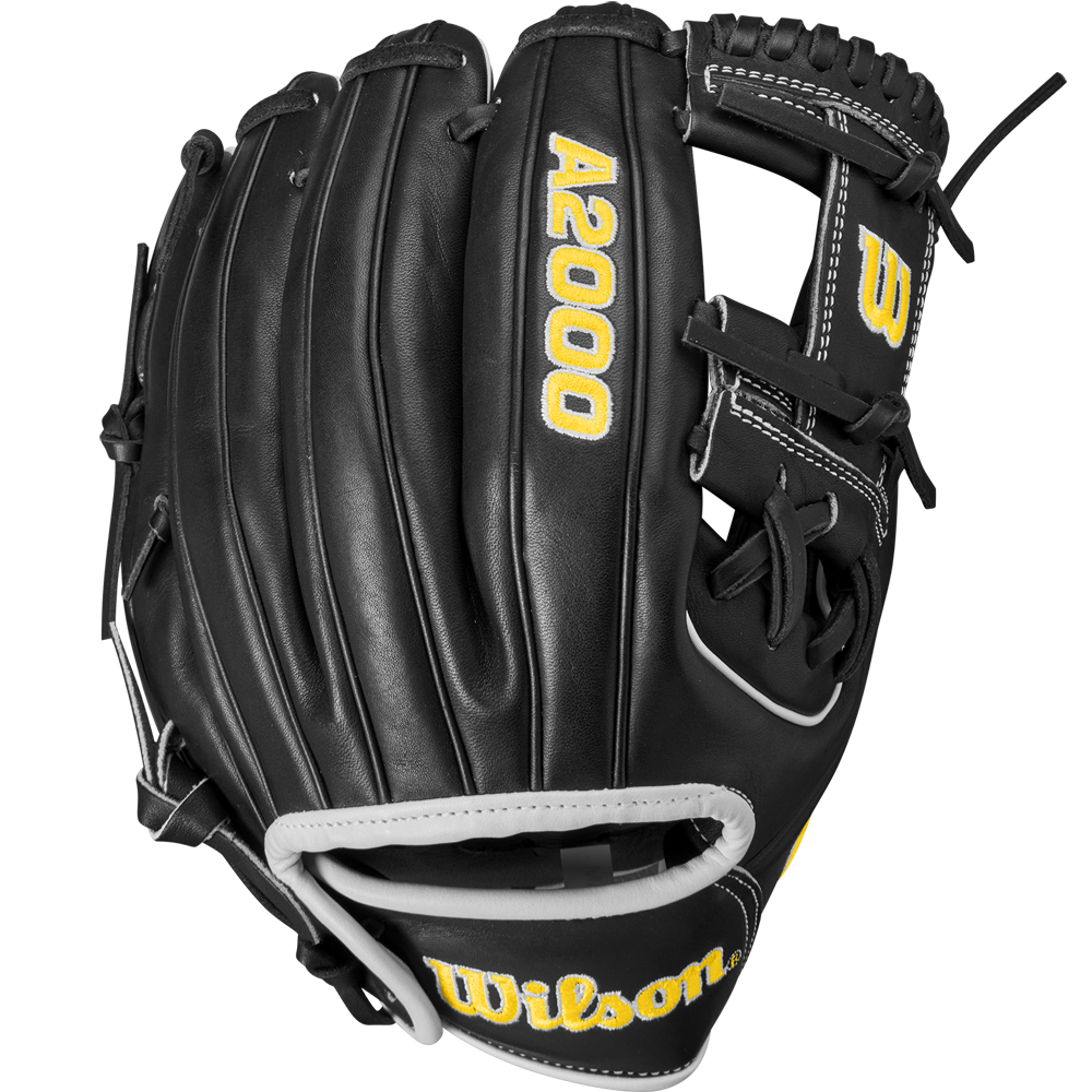The Wilson A2000 DP15 11.5" WBW102726115 baseball glove features a black design with yellow lettering and is crafted from premium Pro Stock leather.