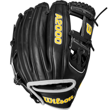 The Wilson A2000 DP15 11.5" WBW102726115 baseball glove features a black design with yellow lettering and is crafted from premium Pro Stock leather.