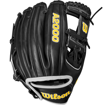 The Wilson A2000 DP15 11.5" WBW102726115 baseball glove features a black design with yellow lettering and is crafted from premium Pro Stock leather.