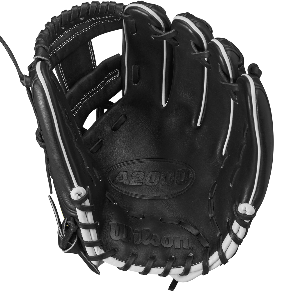 The Wilson A2000 DP15 11.5" Baseball Glove (WBW102726115) features durable Pro Stock leather in a black and white design, making it an ideal choice as an infield glove.