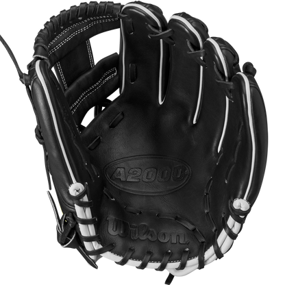 The Wilson A2000 DP15 11.5" Baseball Glove (WBW102726115) features durable Pro Stock leather in a black and white design, making it an ideal choice as an infield glove.