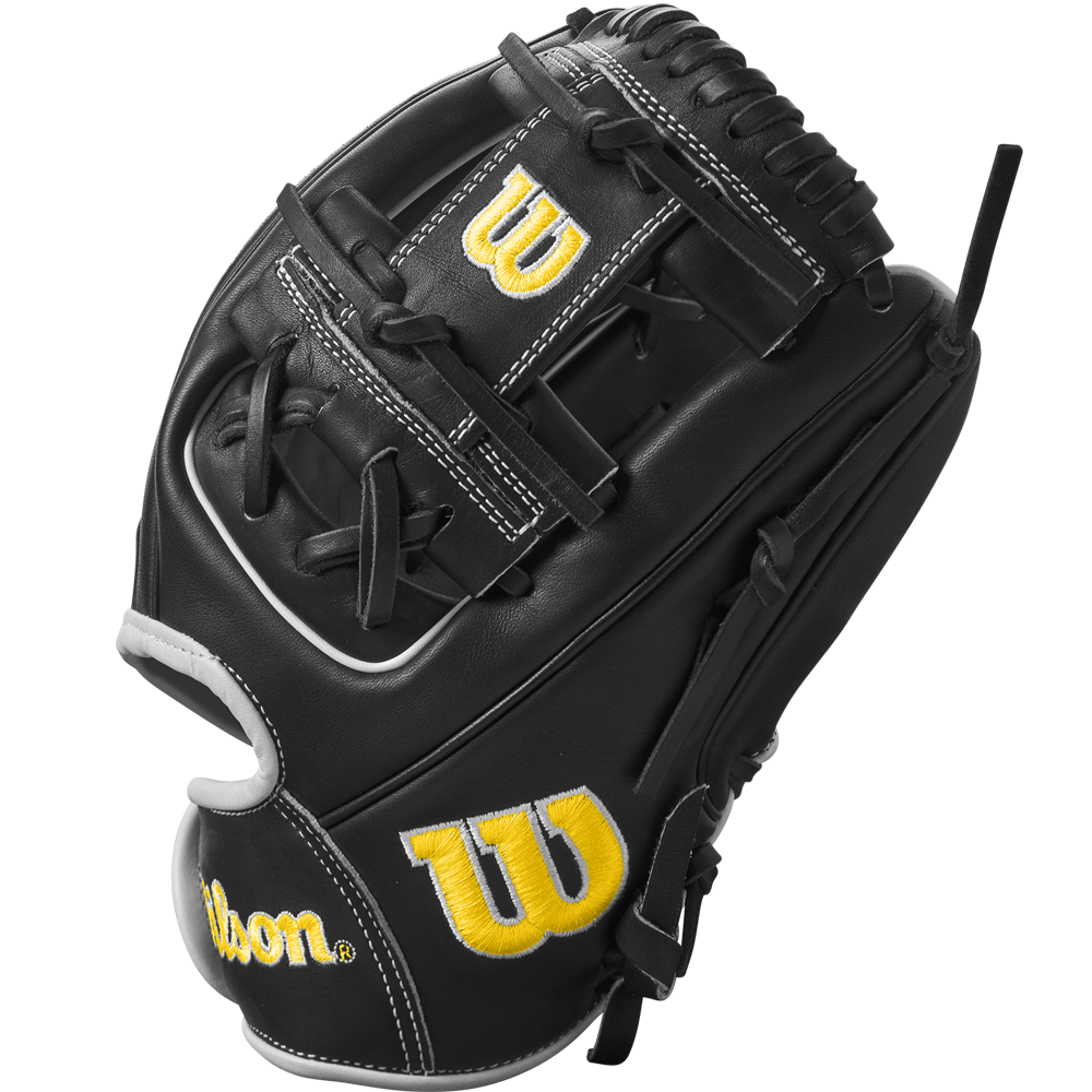 The Wilson A2000 DP15 11.5" Baseball Glove (WBW102726115) features a black Pro Stock leather build, yellow and white W and Wilson logos, detailed stitching, and laces, displayed on a plain white background.