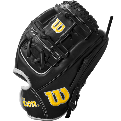 The Wilson A2000 DP15 11.5" Baseball Glove (WBW102726115) features a black Pro Stock leather build, yellow and white W and Wilson logos, detailed stitching, and laces, displayed on a plain white background.