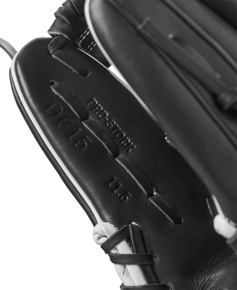 Close-up of a Wilson A2000 DP15 11.5" Baseball Glove (WBW102726115), highlighting detailed stitching and palm embossing with the text: Pro Stock, DP15, and 11.5.